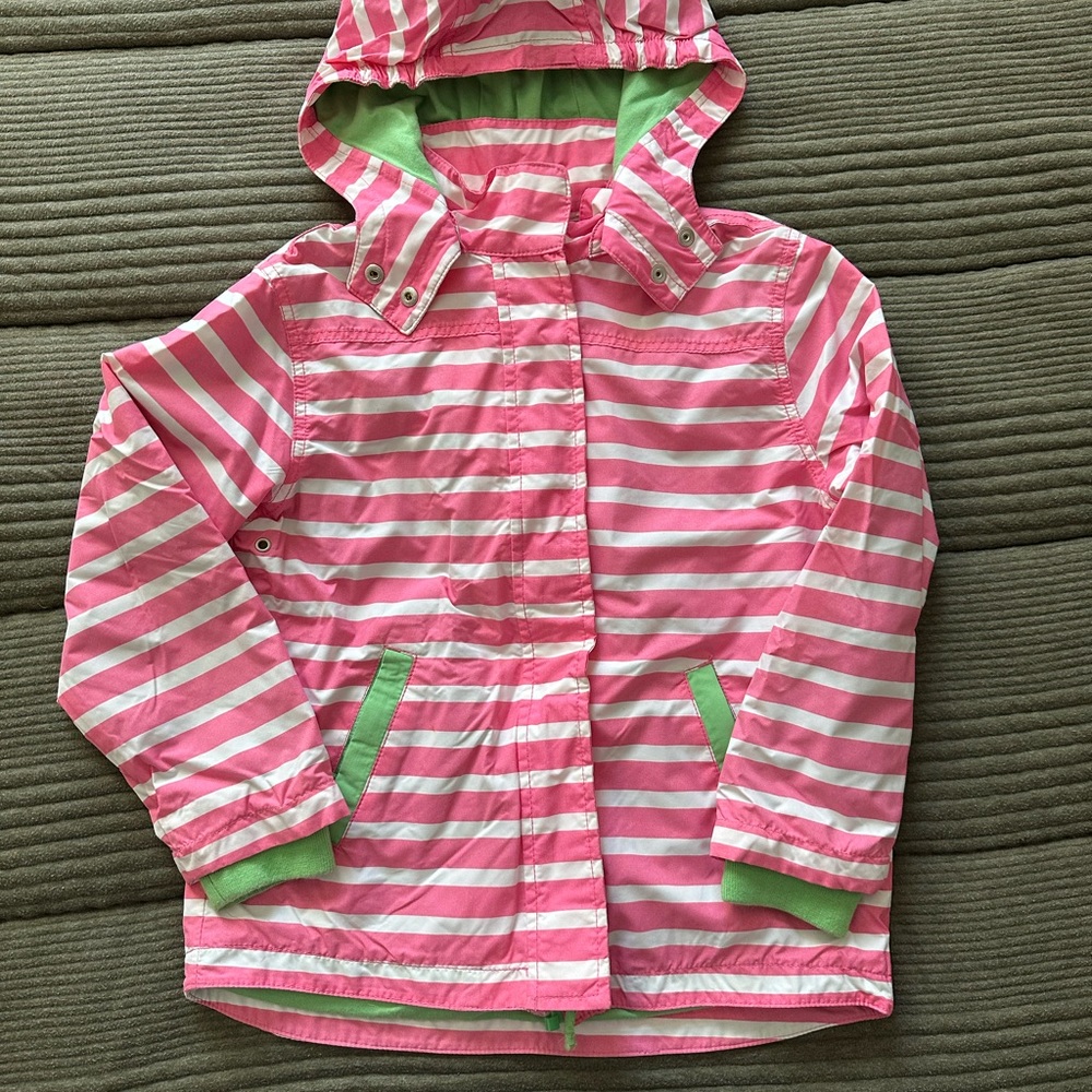 Mini Boden Pink White Striped Raincoat with Removable Hood 9-10 yrs